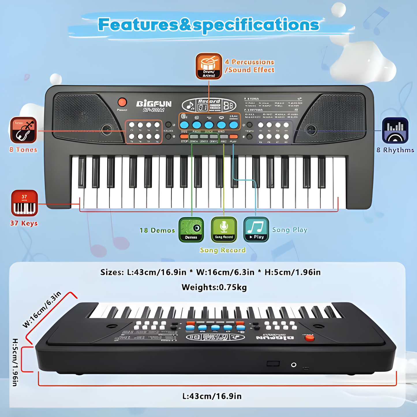 Kids 37-Key Electronic Keyboard Piano with Microphone & Recording | DC Powered Musical Toy for Beginners