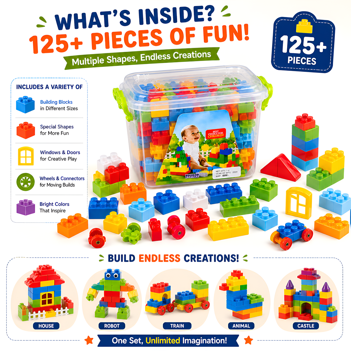 Building Block Set 125pcs with Storage Container