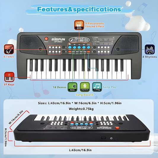 Kids 37-Key Electronic Keyboard Piano with Microphone & Recording | DC Powered Musical Toy for Beginners